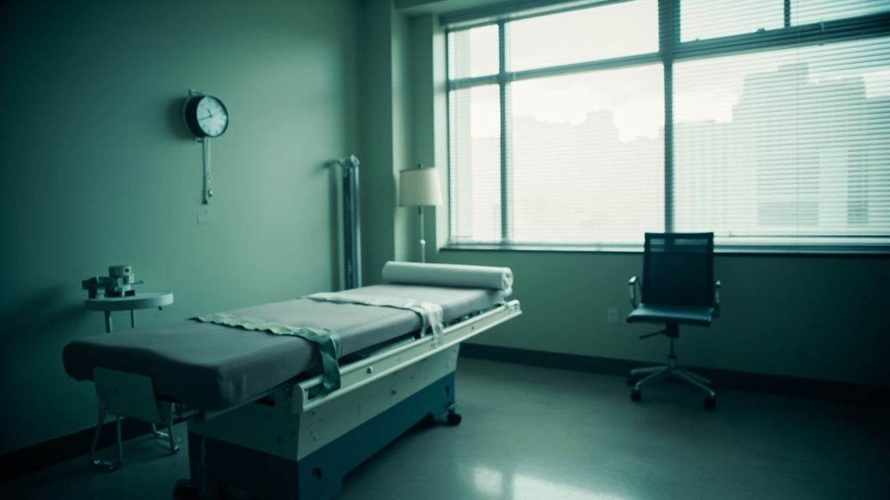 An empty clinical examination room with a couch, wall clock and consultation chair