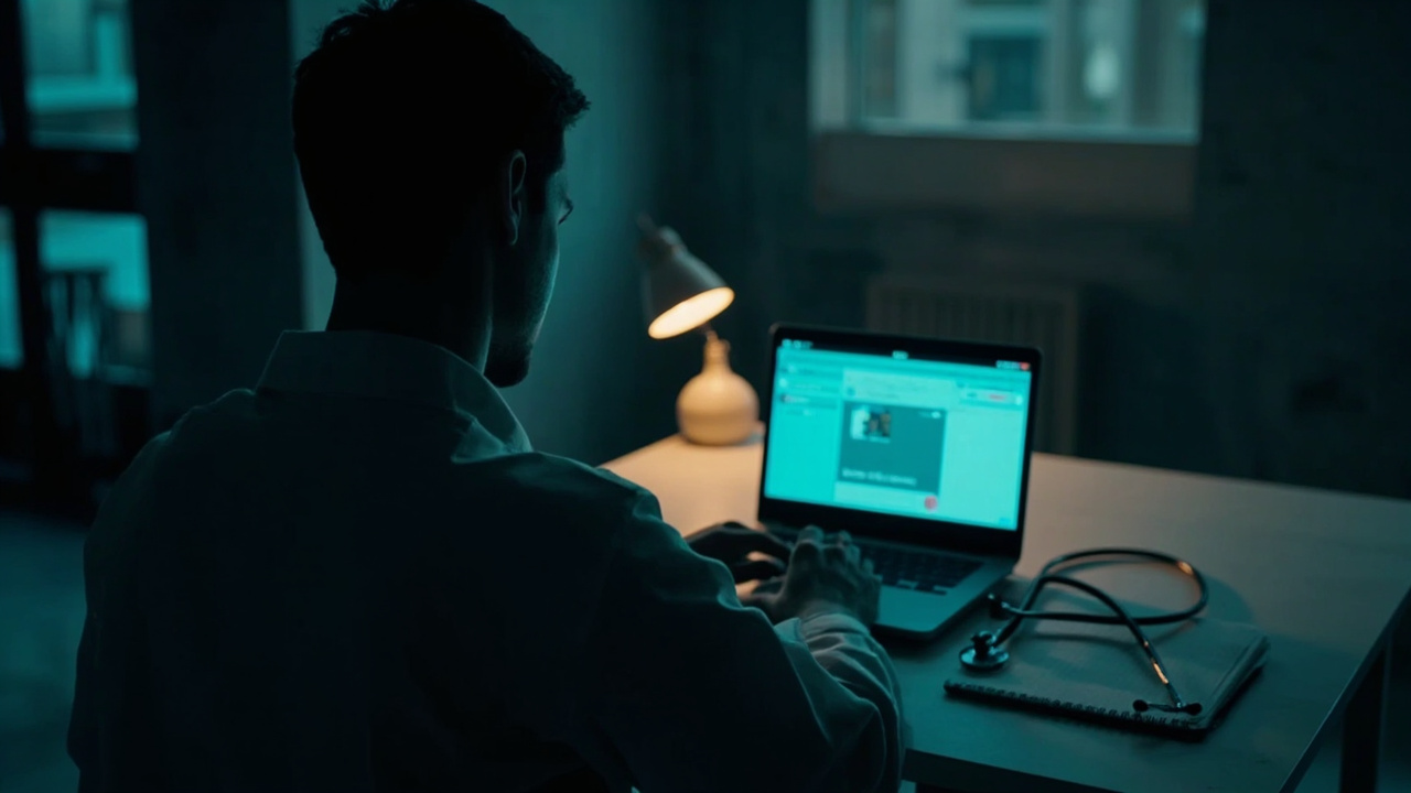 A medical student practising a simulated patient encounter on a laptop at night