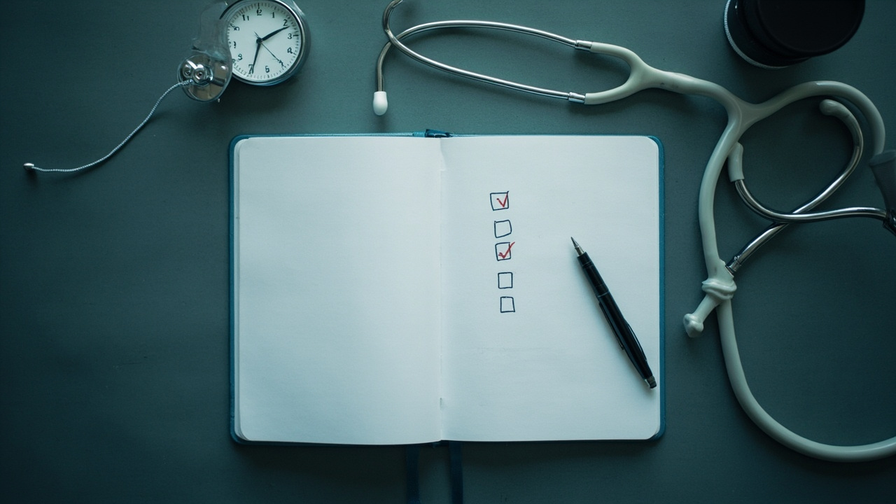A doctor's desk with a checklist notebook, pen, stethoscope and timer