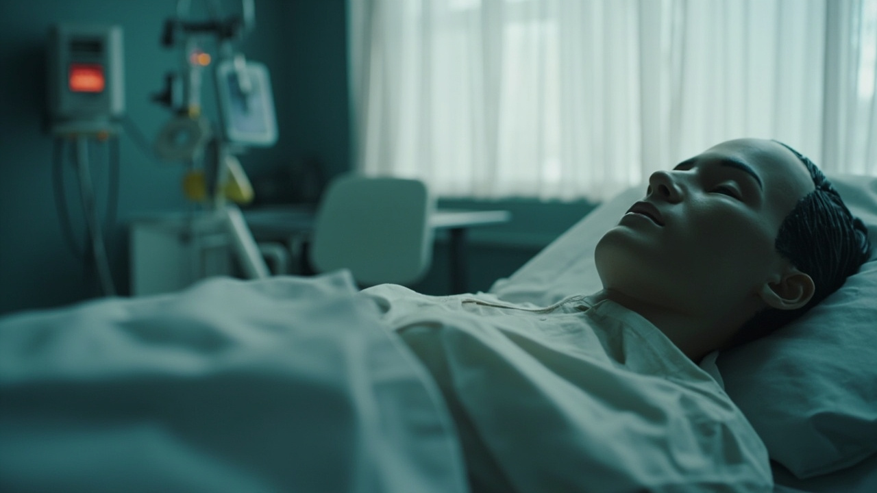 A medical simulation suite with a training manikin on a hospital bed